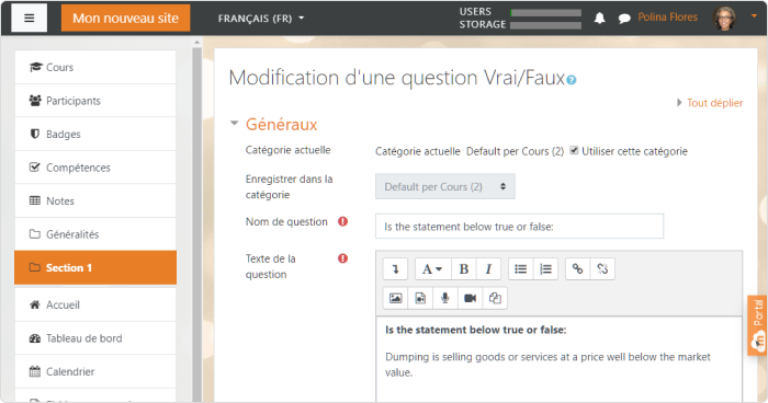 Ajouter une question Vrai/Faux dans Moodle Ajouter une question Vrai/Faux dans Moodle