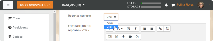 Définir la bonne réponse d’une question Vrai/Faux dans Moodle