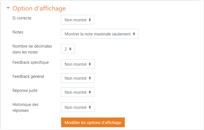 La liste des paramètres supplémentaires des quiz dans Moodle