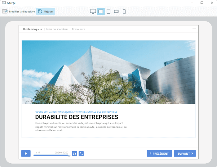 Le mode Aperçu dans le logiciel auteur eLearning iSpring Suite Le mode Aperçu dans le logiciel auteur eLearning iSpring Suite