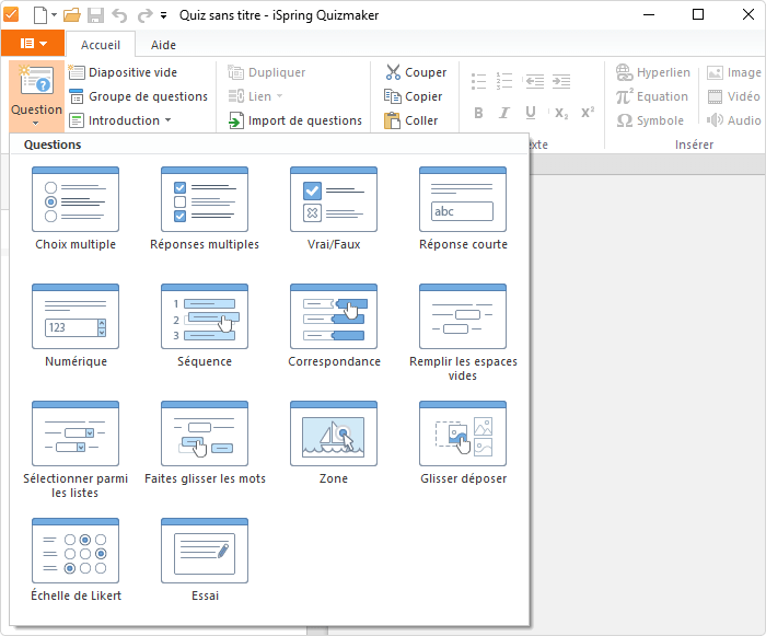 Types de questions de quiz notées dans iSpring QuizMaker