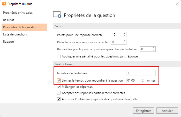 Définir la même durée pour toutes les questions