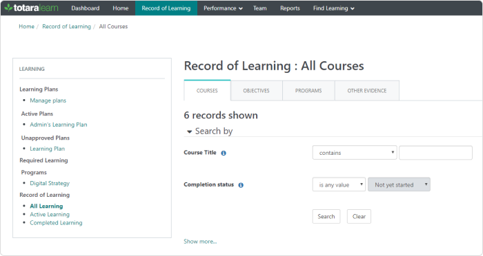 Interface de la plateforme LMS de Totara Learn