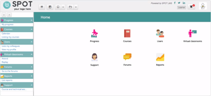 Interface de la plateforme LMS de SPOT LMS