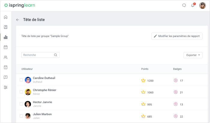 Classement dans iSpring Learn