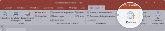 Onglet de publication iSpring Suite