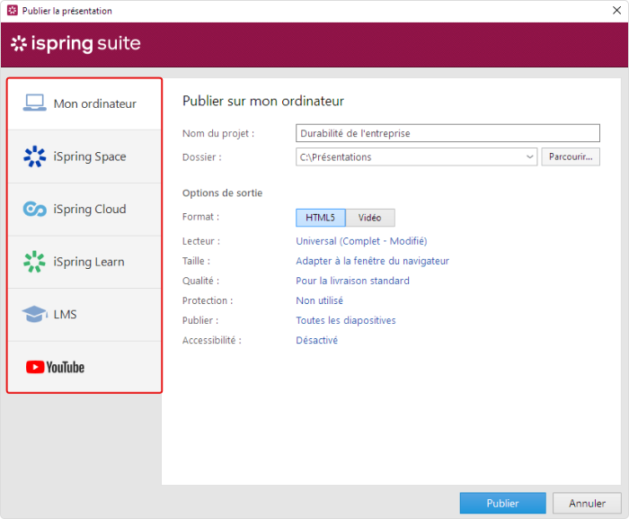 Options de publication dans iSpring Suite Options de publication dans iSpring Suite