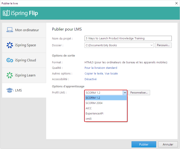 Options de cours d'apprentissage - iSpring Suite PDF à SCORM