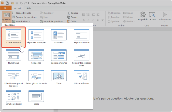 Choisir le type de question à choix multiple