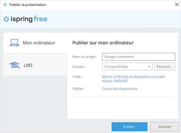 Fenêtre de publication iSpring Free