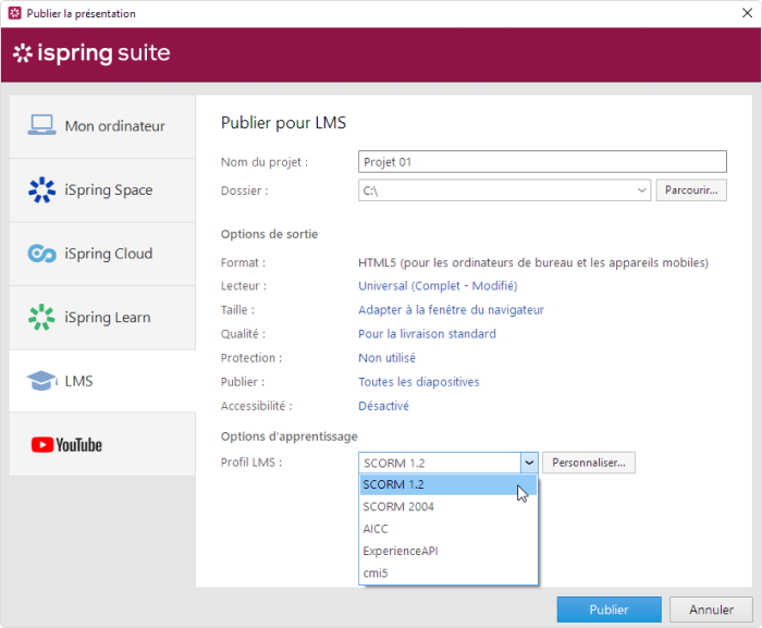 Dans iSpring Suite, vous pouvez choisir de convertir votre cours au format SCORM 1.2 ou SCORM 2004. Dans iSpring Suite, vous pouvez choisir de convertir votre cours au format SCORM 1.2 ou SCORM 2004.