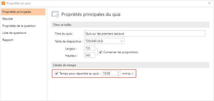 Propriétés principales du quiz Propriétés principales du quiz