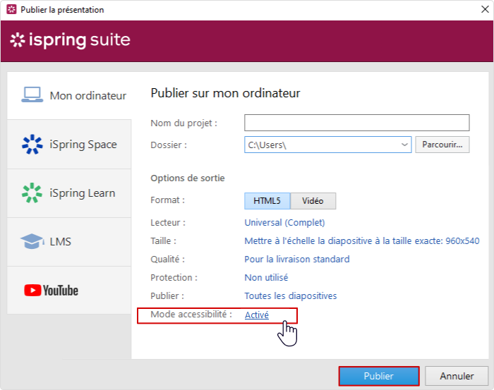 La fenêtre de publication avec mode d’accessibilité activé La fenêtre de publication avec mode d’accessibilité activé