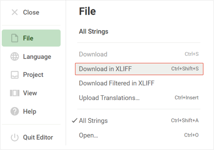 Téléchargement de la traduction au format XLIFF