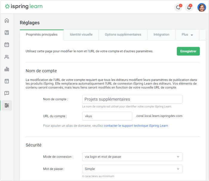 Réglages en iSpring Learn