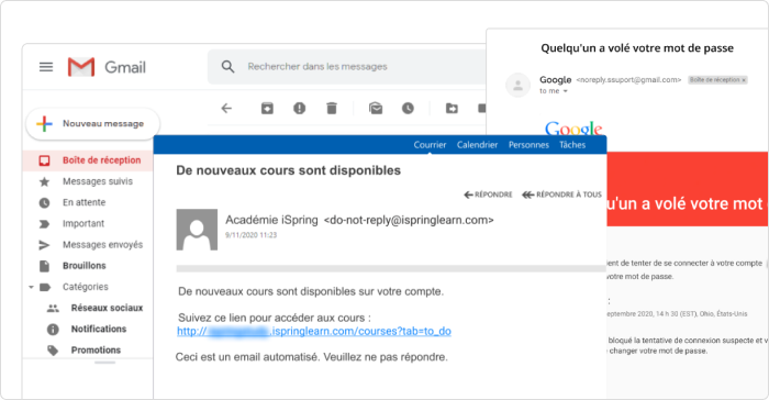 Captures d'écran d'emails fiables et malveillants