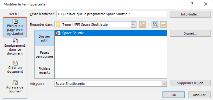 Fichier existant ou page Web dans la fenêtre Insérer un lien.