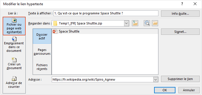 Fichier existant ou Page Web dans la fenêtre Insérer un lien.