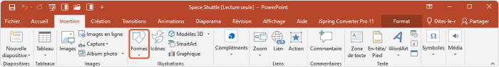 Le bouton Formes dans la barre d'outils de PowerPoint