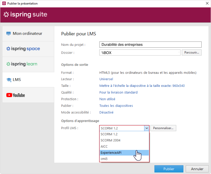 Menu dans iSpring Suite Menu du profil LMS dans iSpring Suite