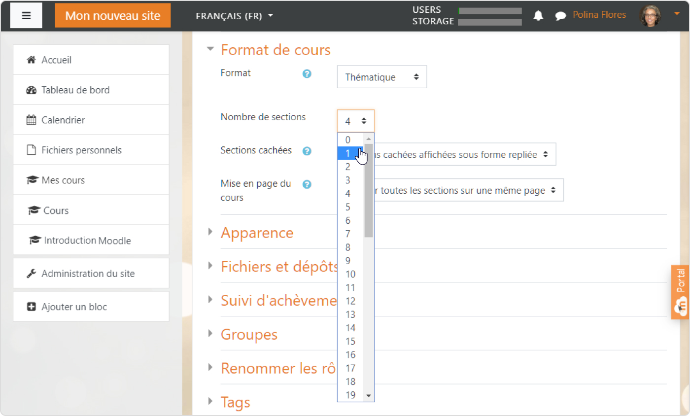 Choisir le bon nombre de sections du test Moodle