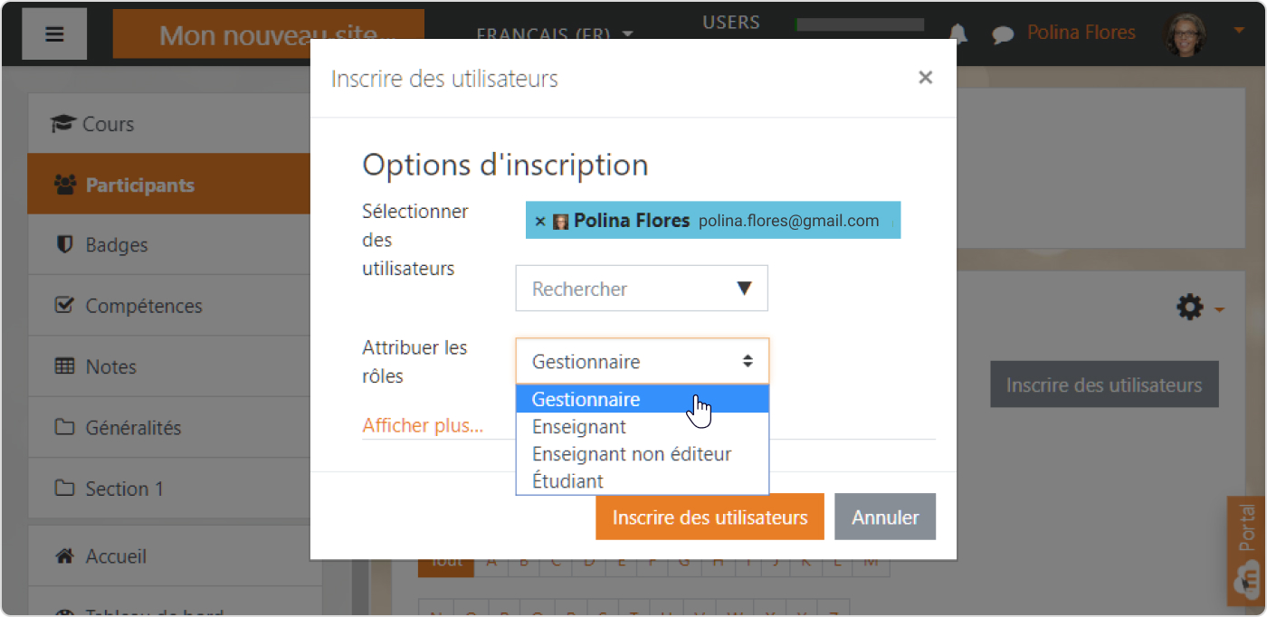 Options d'inscription du test Moodle