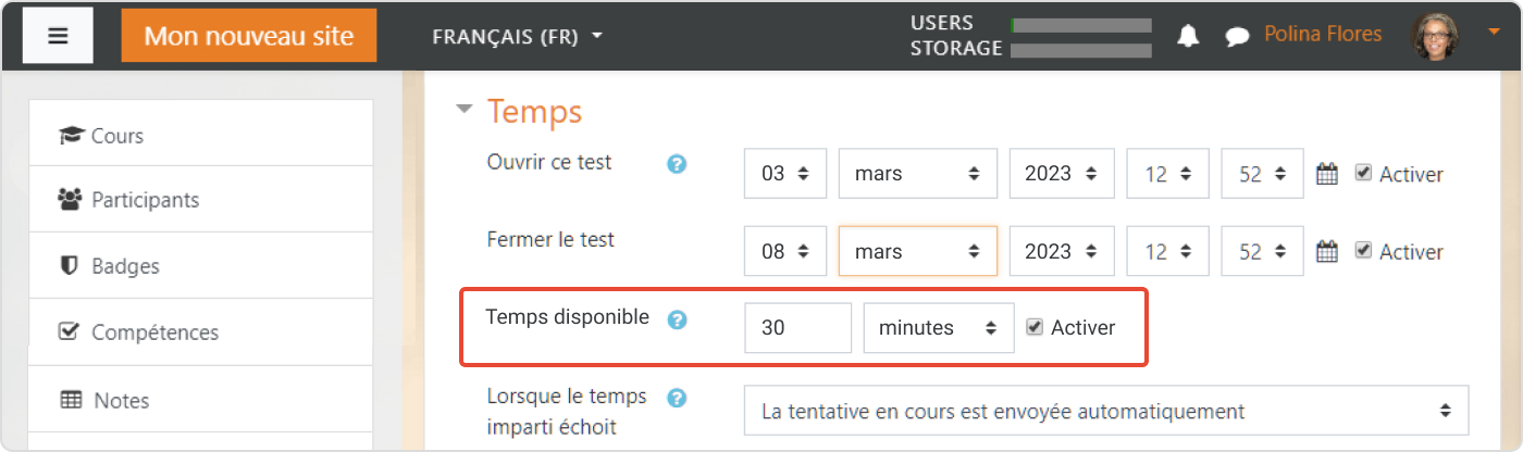 Limites de temps dans Moodle