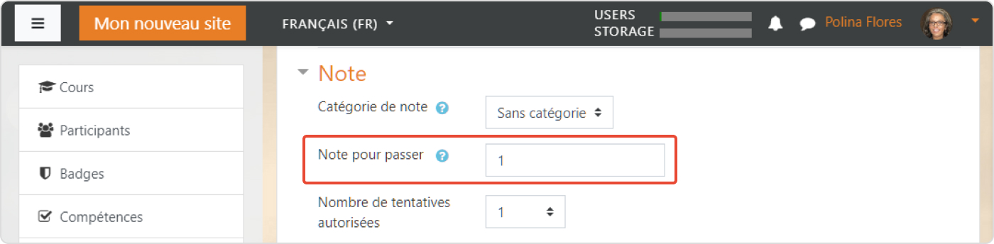 Note de passage d’un test Moodle