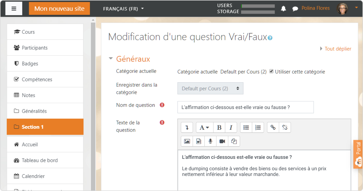 Ajouter une question Vrai/Faux dans Moodle