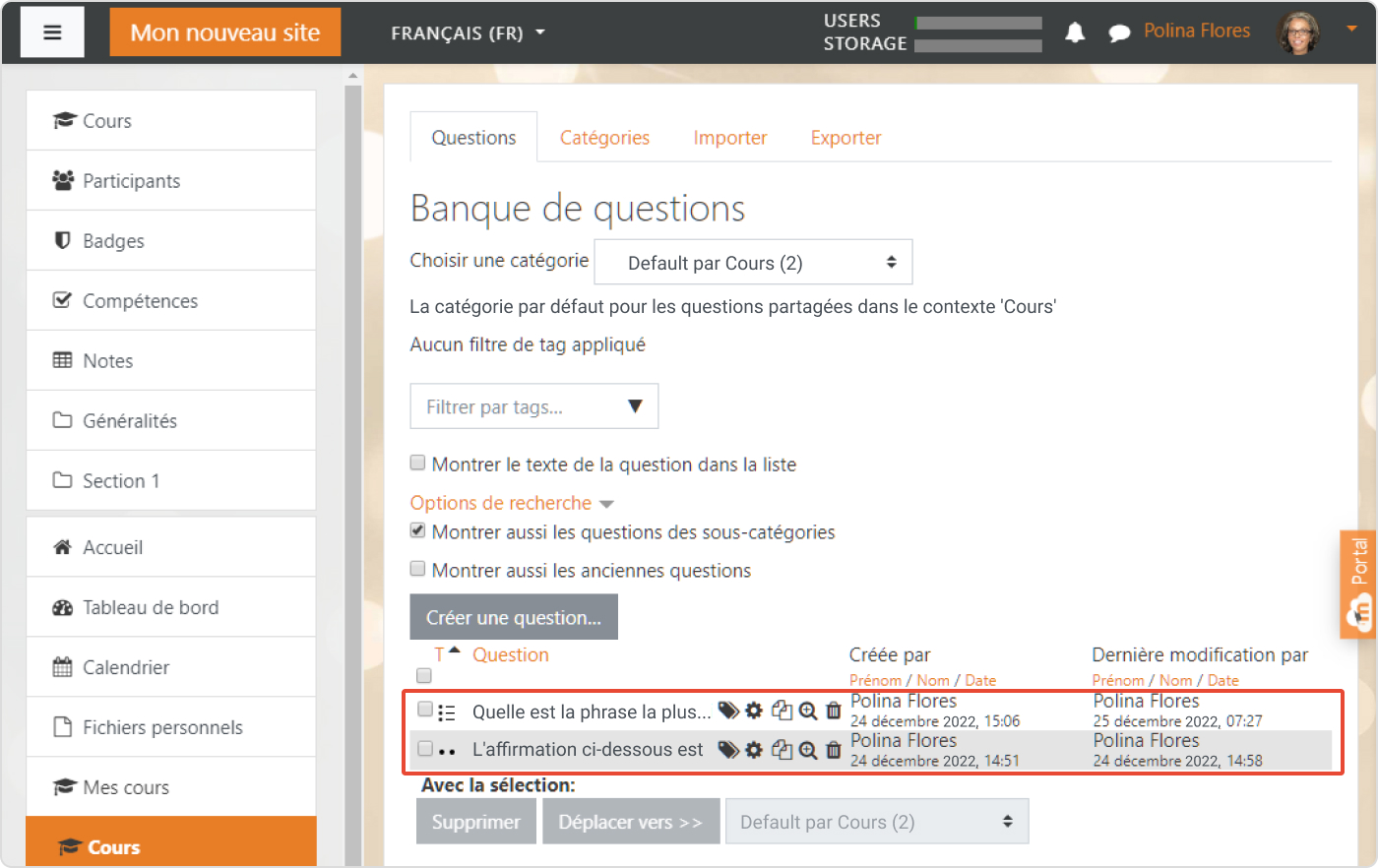 Paramètres de la banque de questions de Moodle