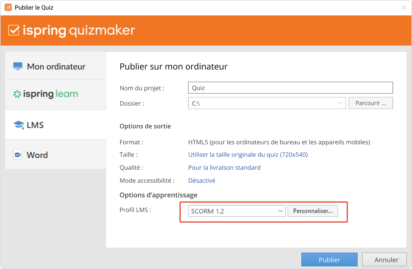 Publication du quiz dans LMS