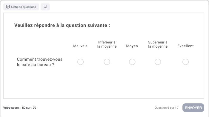 Exemple d’une question de type échelle de Likert demandant d’évaluer la qualité du café au bureau avec 5 réponses au choix