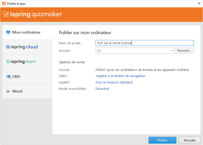 Publier un test Publier un test dans iSpring Suite
