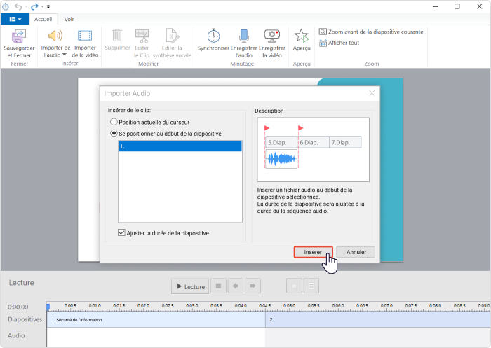 Comment insérer la piste audio pour une synthèse vocale