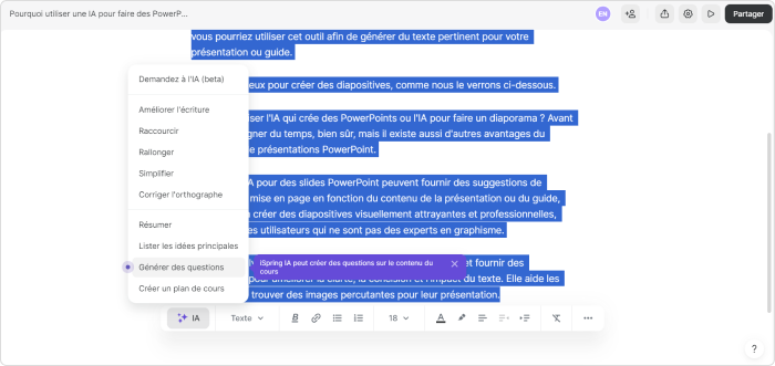 IA PowerPoint d'iSpring pour créer des quiz