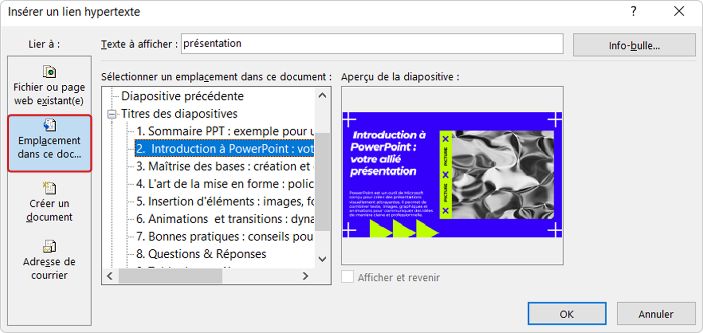 Sélectionner les diapositives pour le sommaire PPT