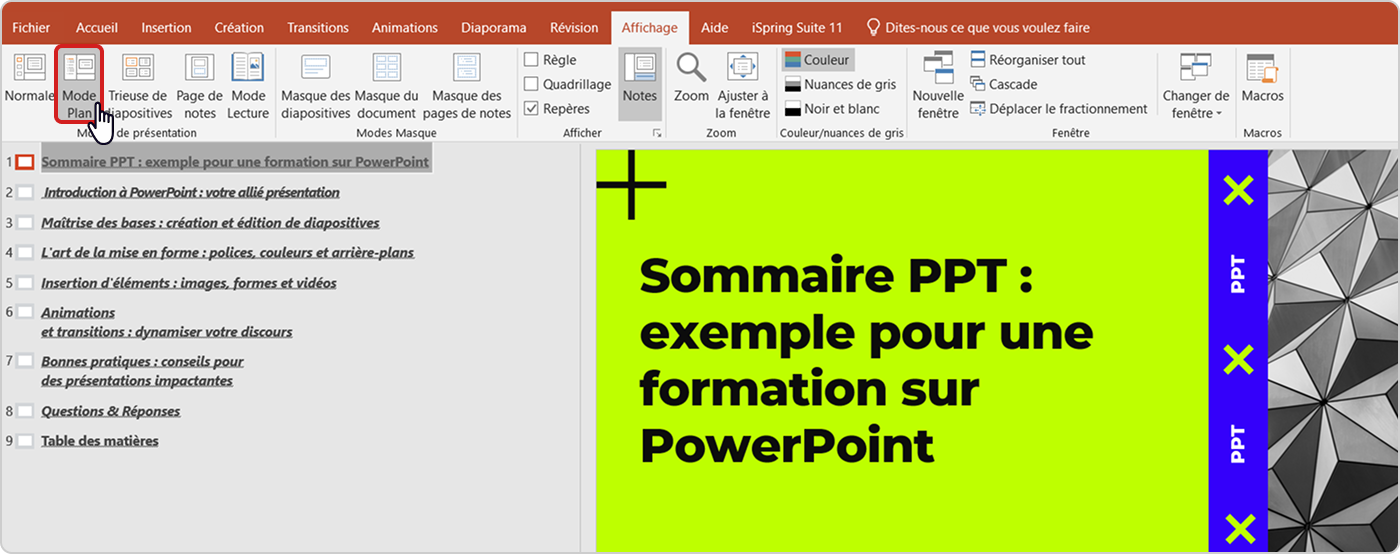 L’exemple de titres d’un sommaire dans PowerPoint
