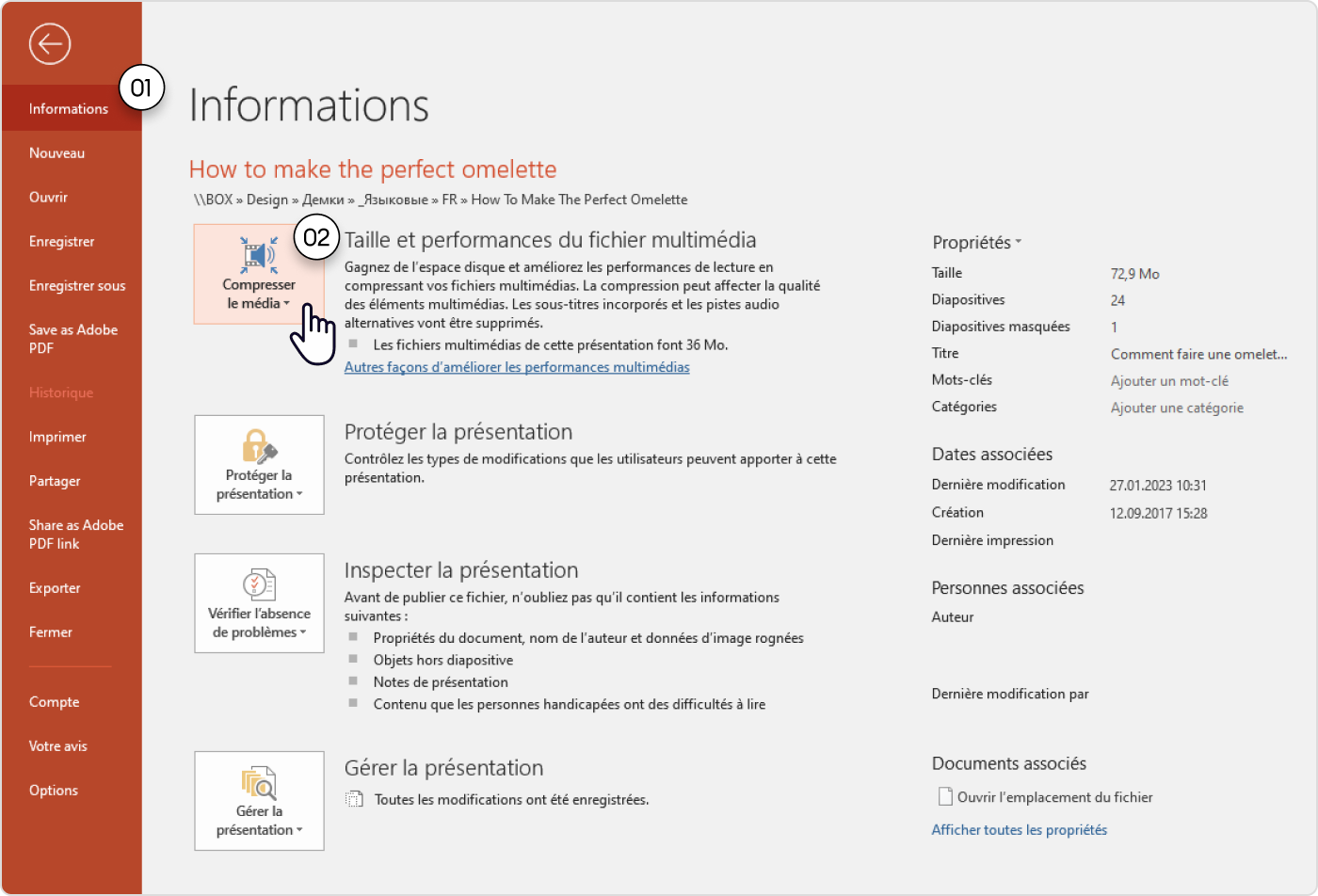 Cliquez sur Informations pour compresser un PPT en ligne