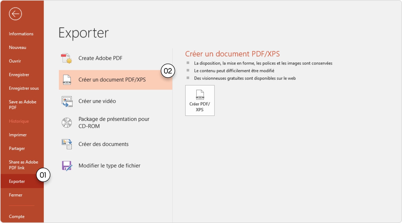 Créer un document PDF/XPS pour compresser un PPT en ligne