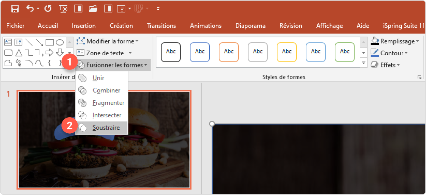 Cliquez sur l’option Soustraire L’option Soustraire pour un PowerPoint animé