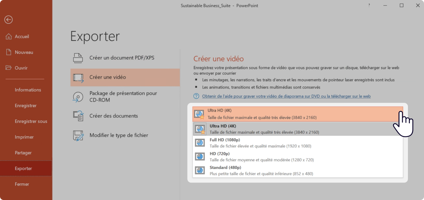 Sélectionnez la résolution pour avoir un PowerPoint partagé en ligne