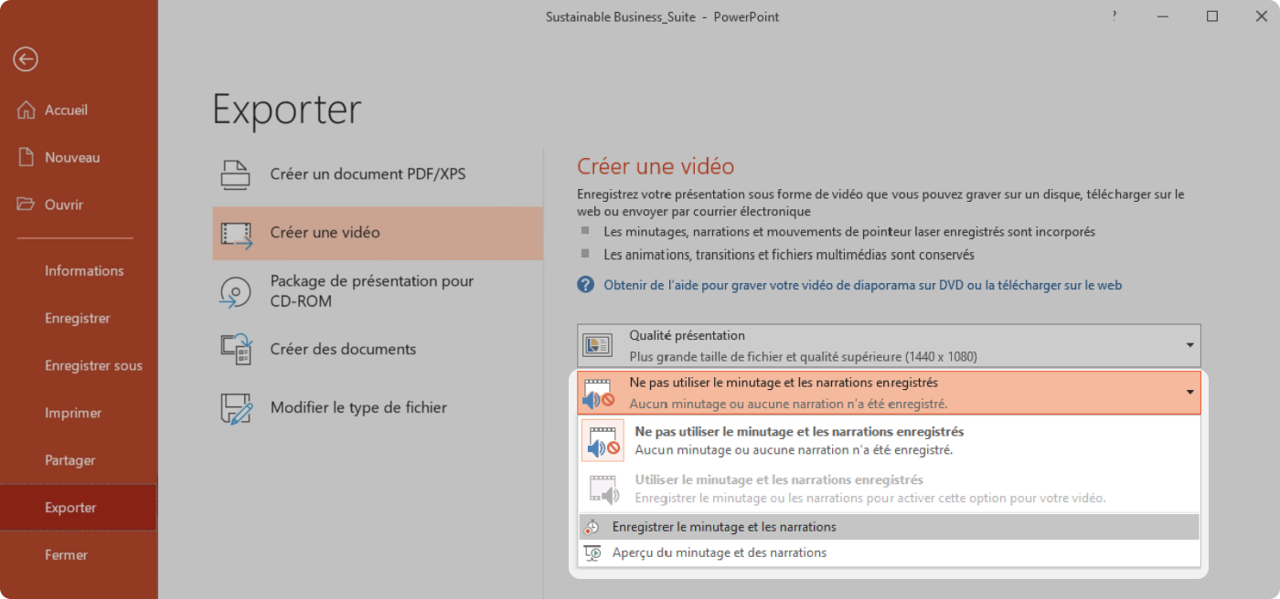 Cliquer sur Utiliser le minutage et les narrations enregistrées pour avoir un PowerPoint partagé en ligne 