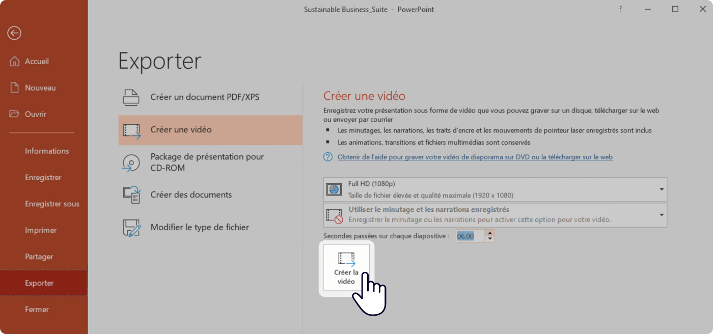 Cliquez sur Créer une vidéo pour avoir un PowerPoint partagé en ligne