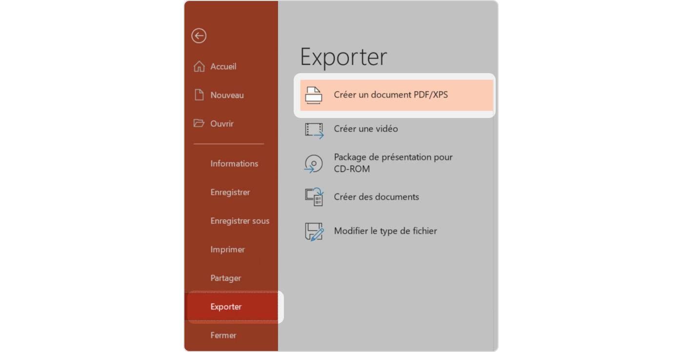 Créer un PDF/XPS pour avoir un PowerPoint partagé en ligne