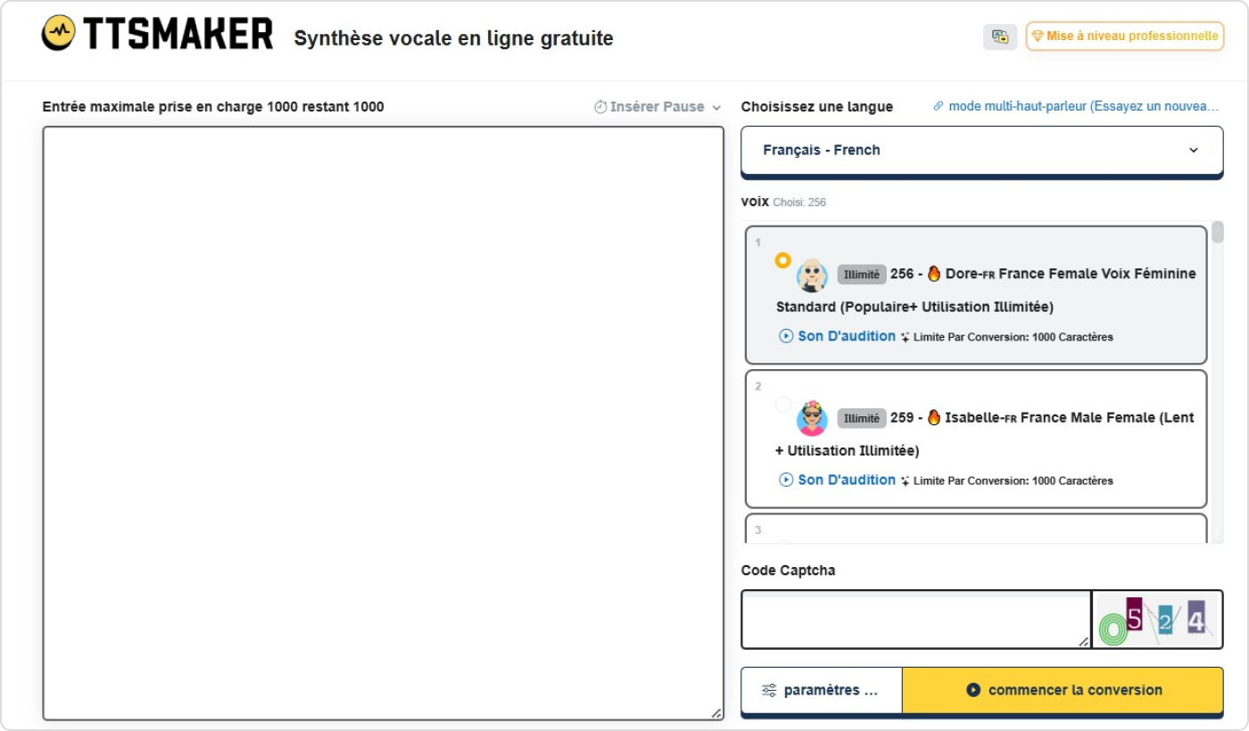 L'interface de TTSMaker L’outil de text-to-speech français TTSMaker