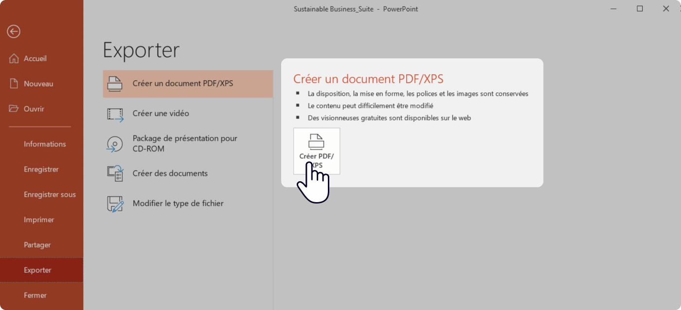 Pour avoir un PowerPoint partagé en ligne allez dans l'onglet Créer un document PDF/XPS
