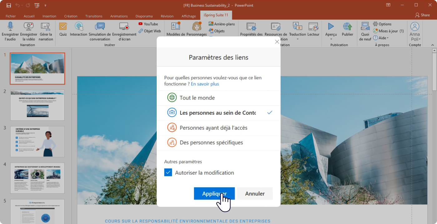 Le choix du niveau d’autorisation d’un PowerPoint partagé en ligne