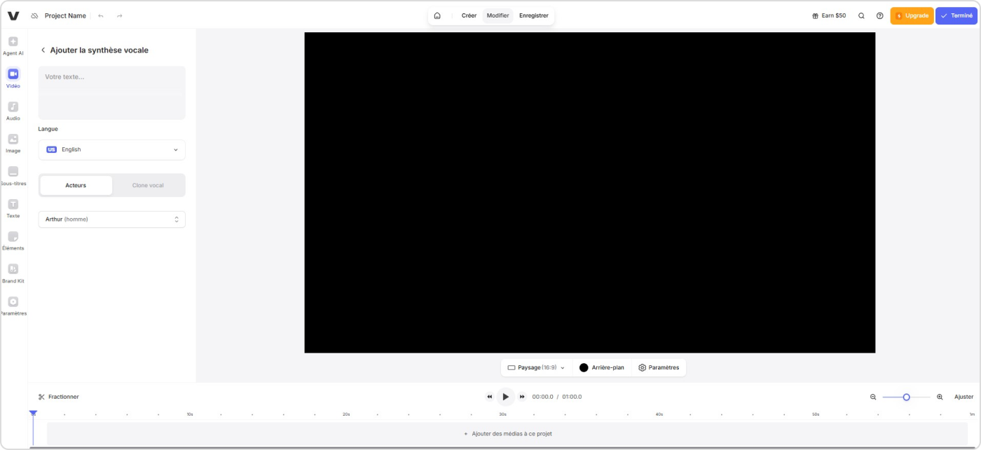 L'interface de Veed L’outil de text-to-speech français Veed