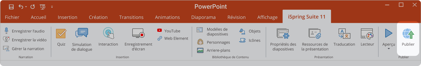 Comment partager un PowerPoint : trouver Publier dans le ruban