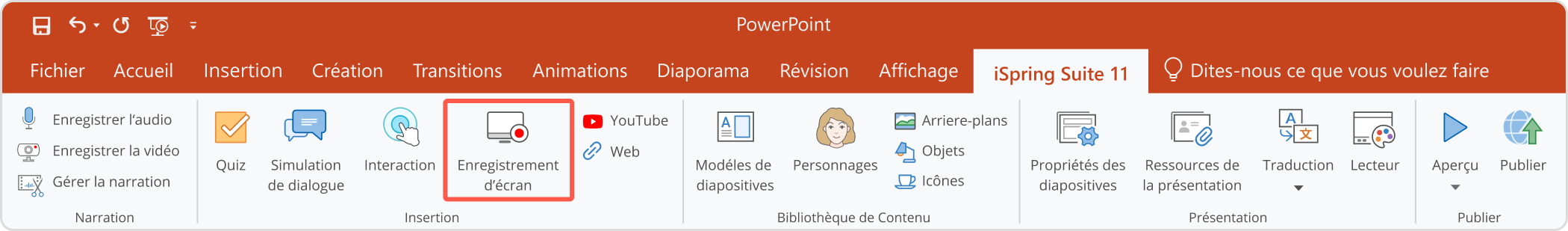 Ruban d’iSpring Suite Ruban d’iSpring Suite pour la création du tutoriel vidéo